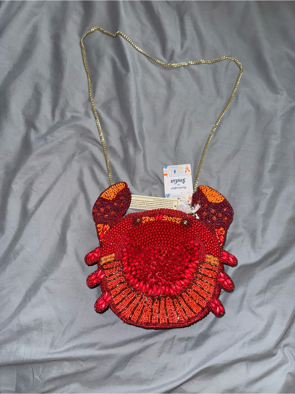 Red Crab Beaded Crossbody Bag Handmade in India New with Tags